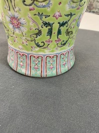 A Chinese famille rose lime-green-ground vase, Qianlong mark, 19/20th C.